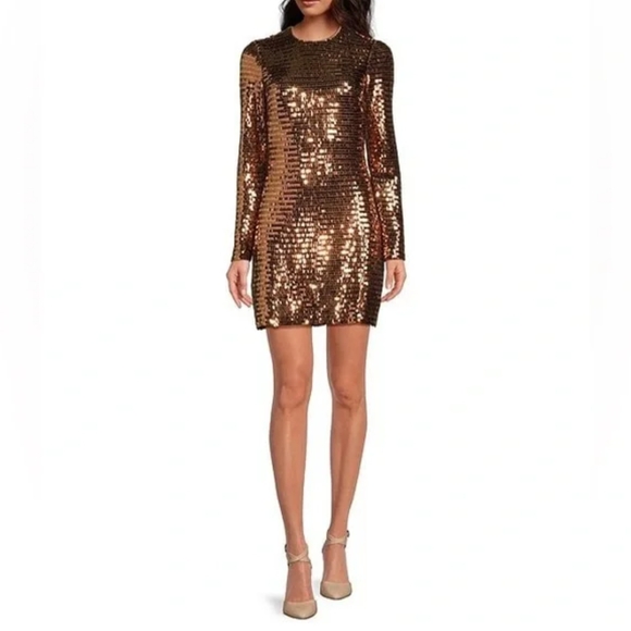 Gianni Bini Nwt Celeste Gold Maze Sequin Crew Neck Long Sleeve Dress Size 6 - Picture 1 of 8
